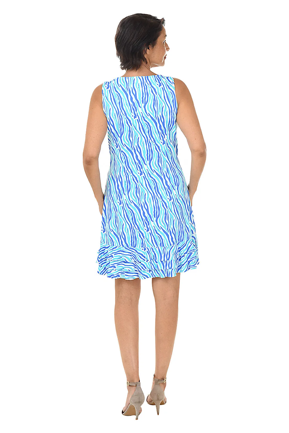 Girls Aqua Zebra Print Ruffle Dress with UPF 50  Sun Protection