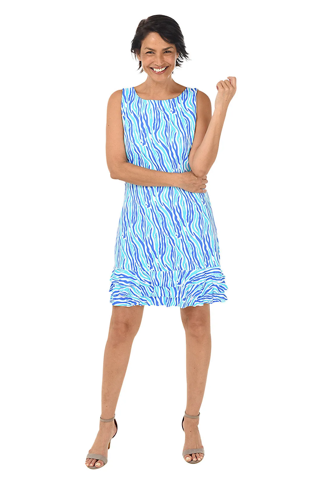 Girls Aqua Zebra Print Ruffle Dress with UPF 50  Sun Protection