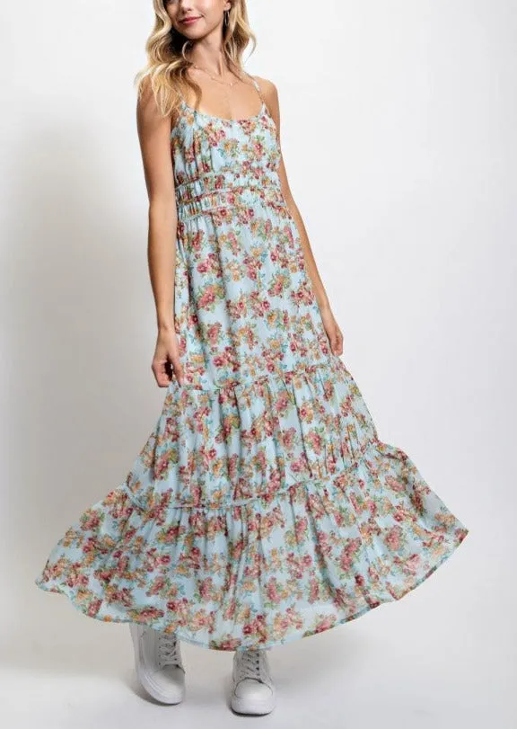 Baby Blue Floral Tiered Maxi Dress