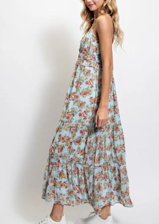 Baby Blue Floral Tiered Maxi Dress