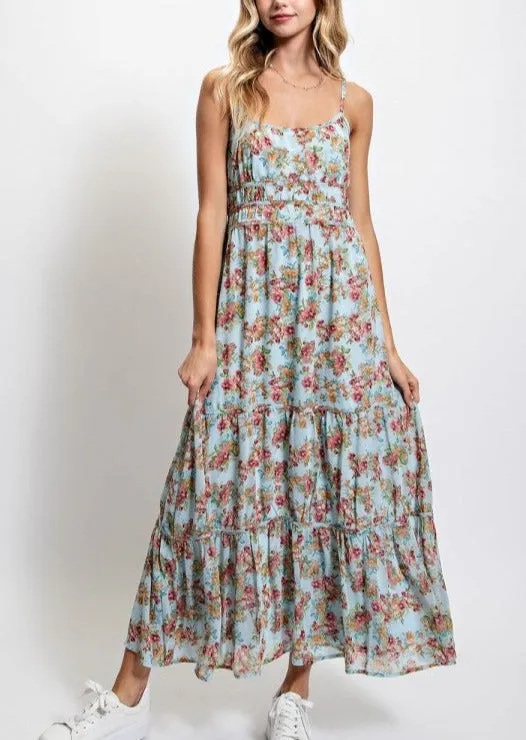 Baby Blue Floral Tiered Maxi Dress