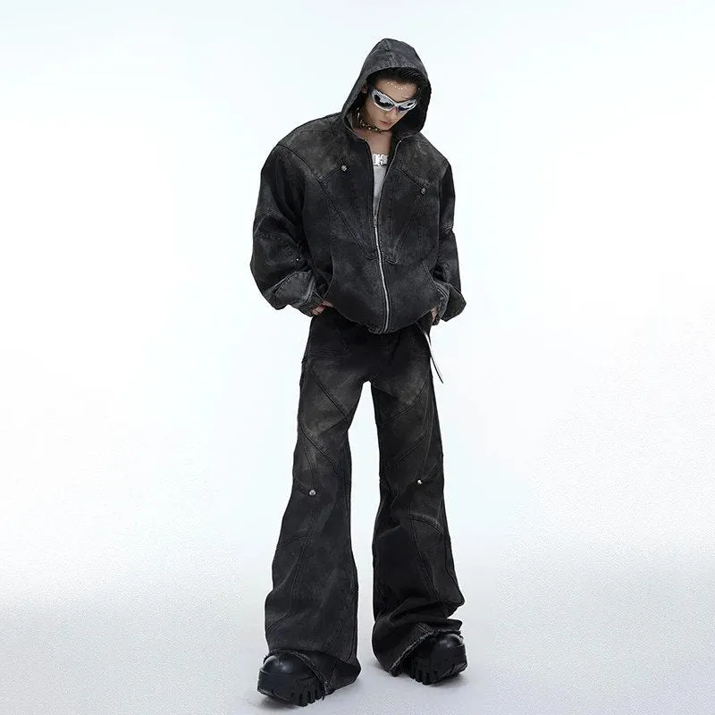 Black Denim Hooded Pants Set