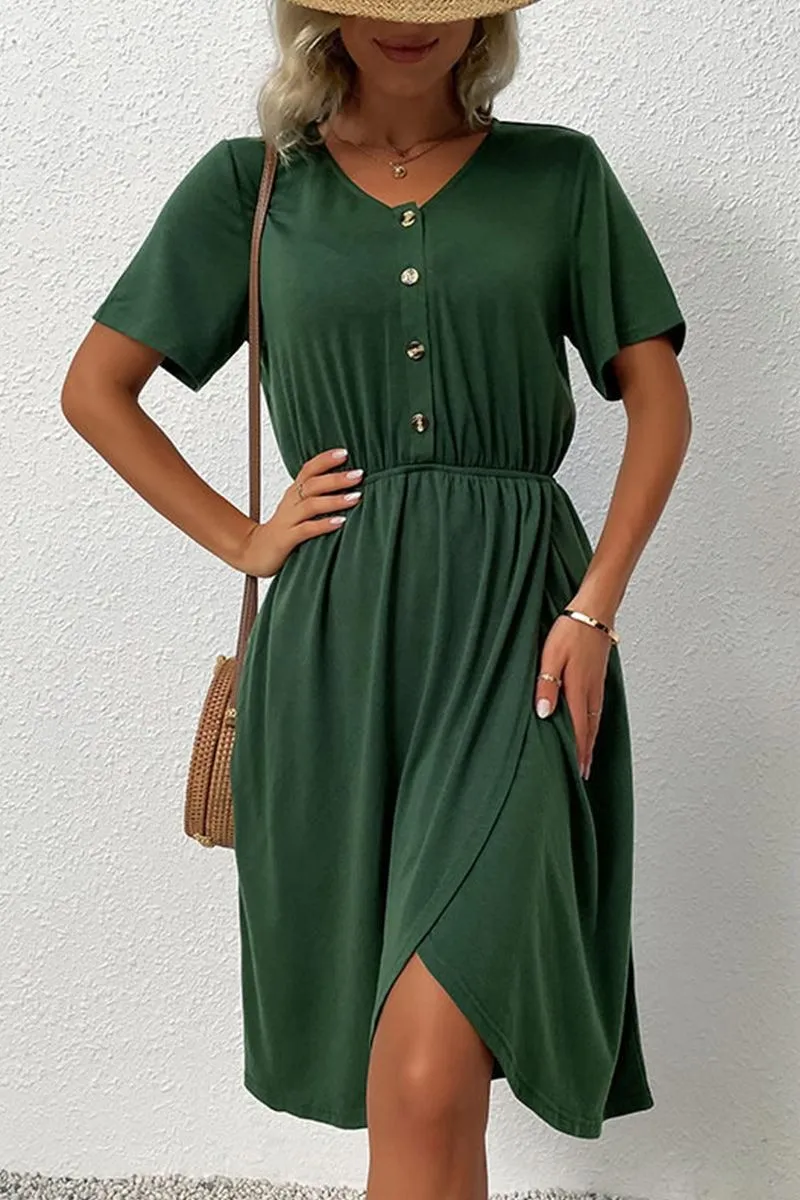 BUTTON POINT TIGHTEN WAIST SLIT DRESS