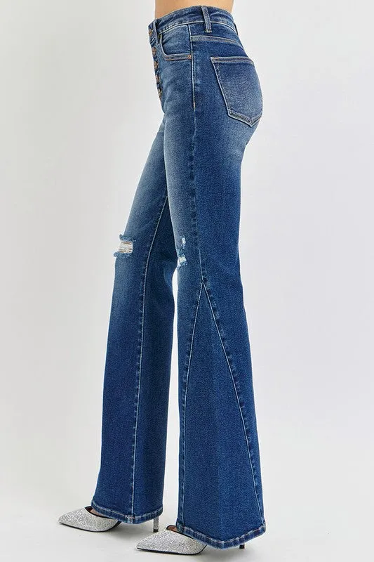 Distressed Button-Fly Flare Jeans