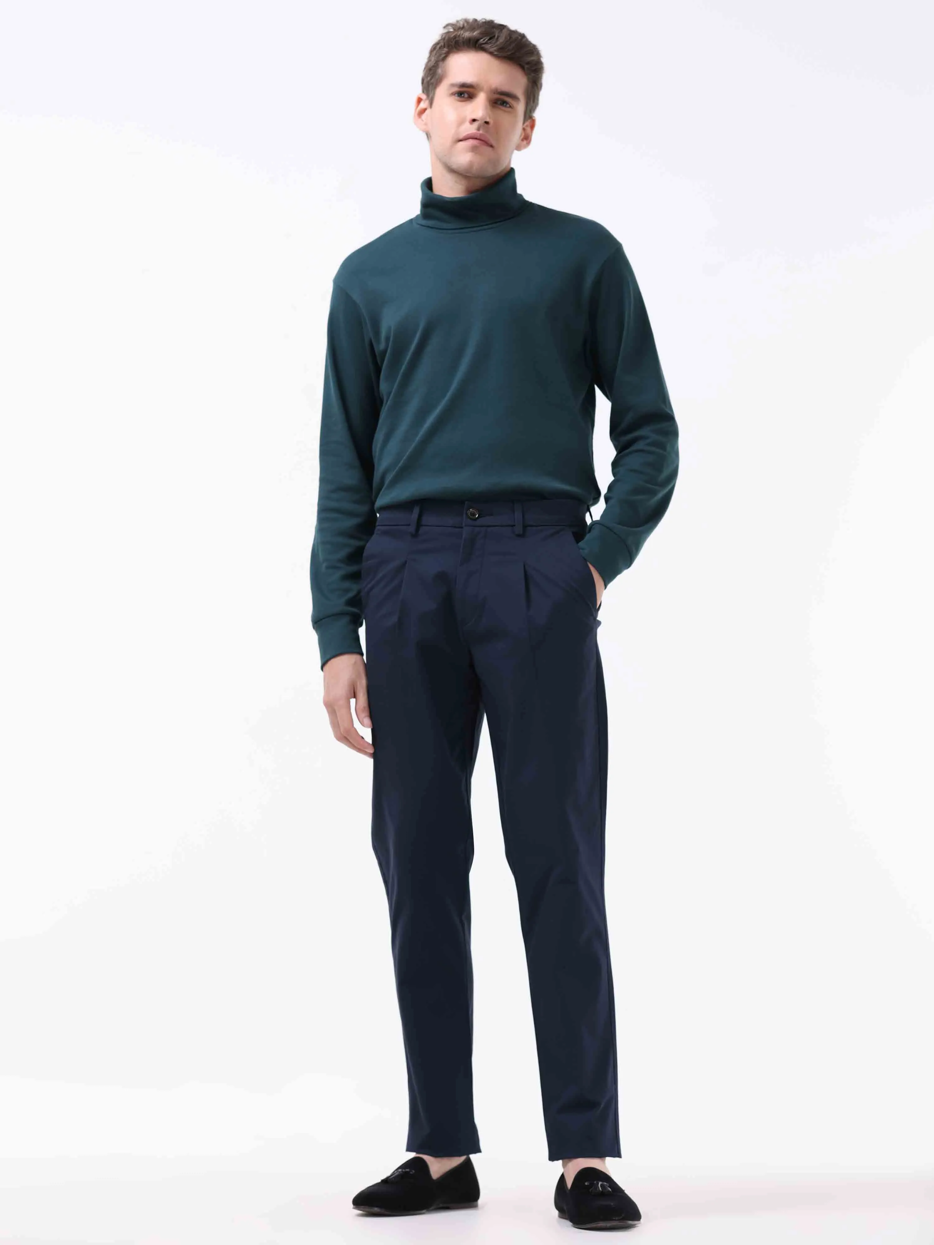 Essential Pleated Navy Fine Twill Pant