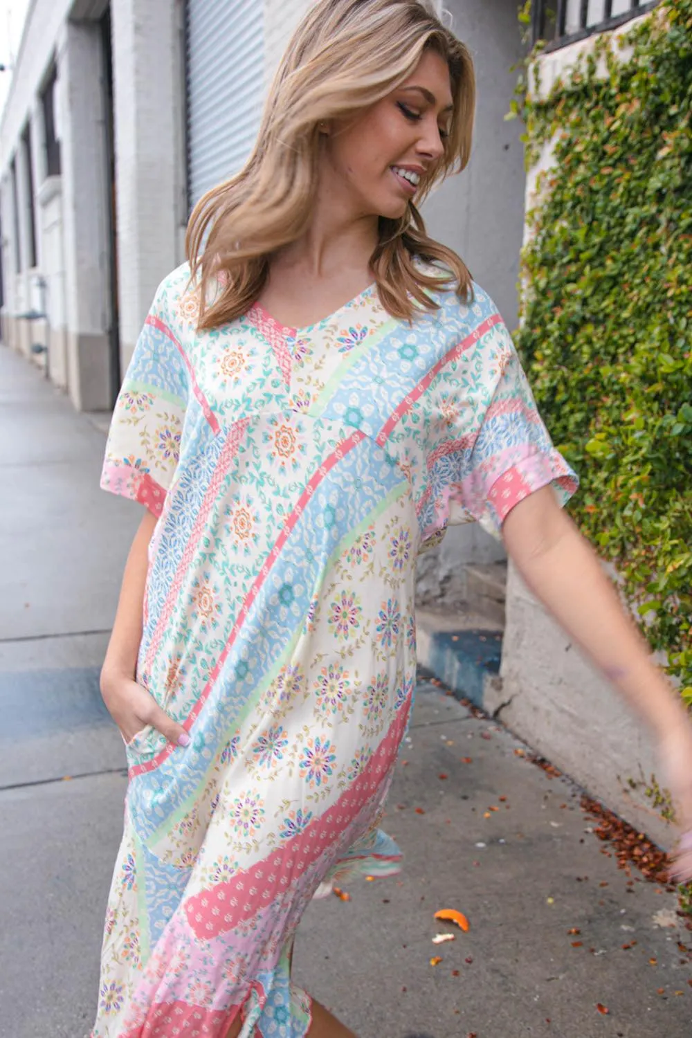 FINAL SALE -  Pastel Multi Boho Patchwork Asymmetrical Ruffle Hem Dress