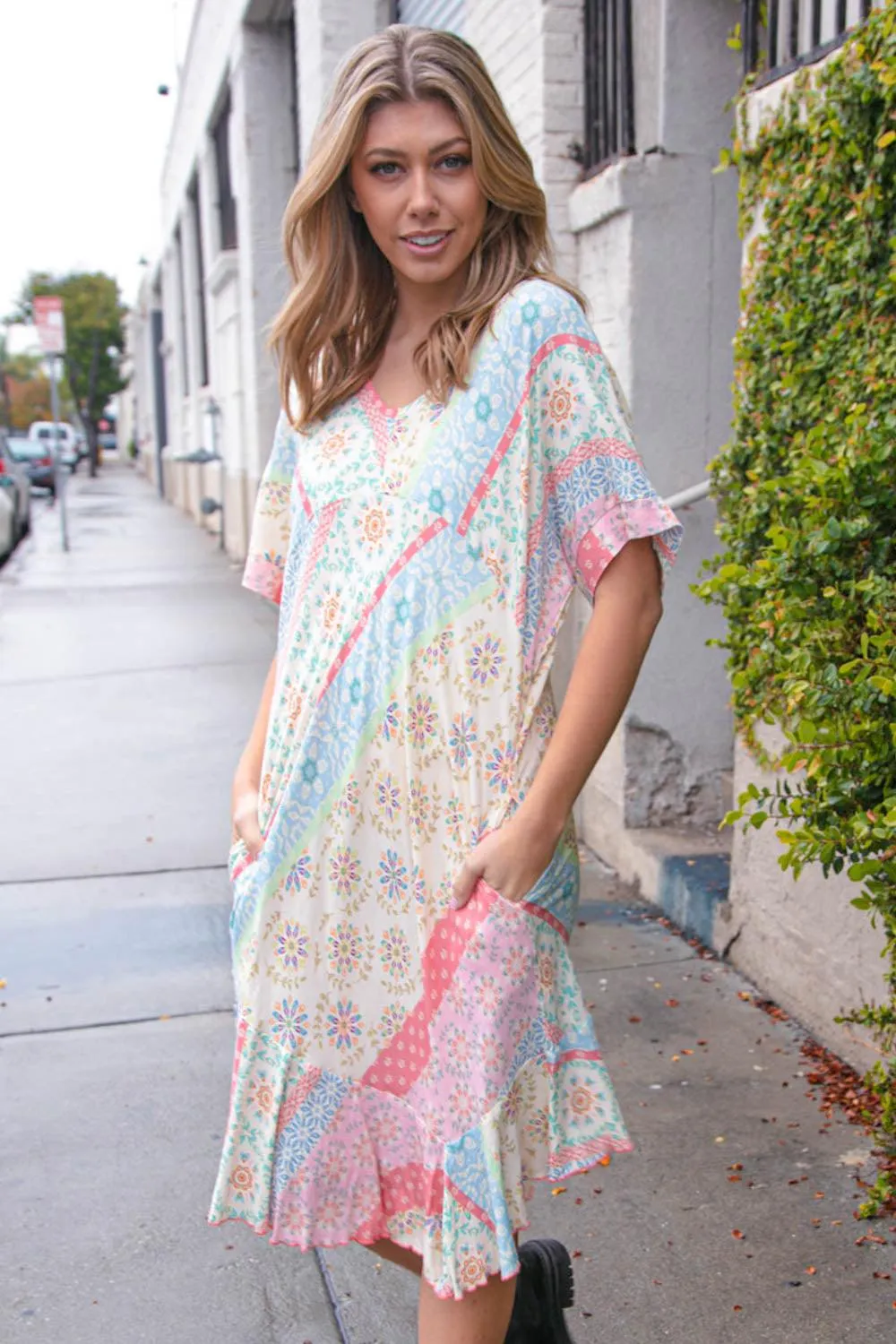 FINAL SALE -  Pastel Multi Boho Patchwork Asymmetrical Ruffle Hem Dress