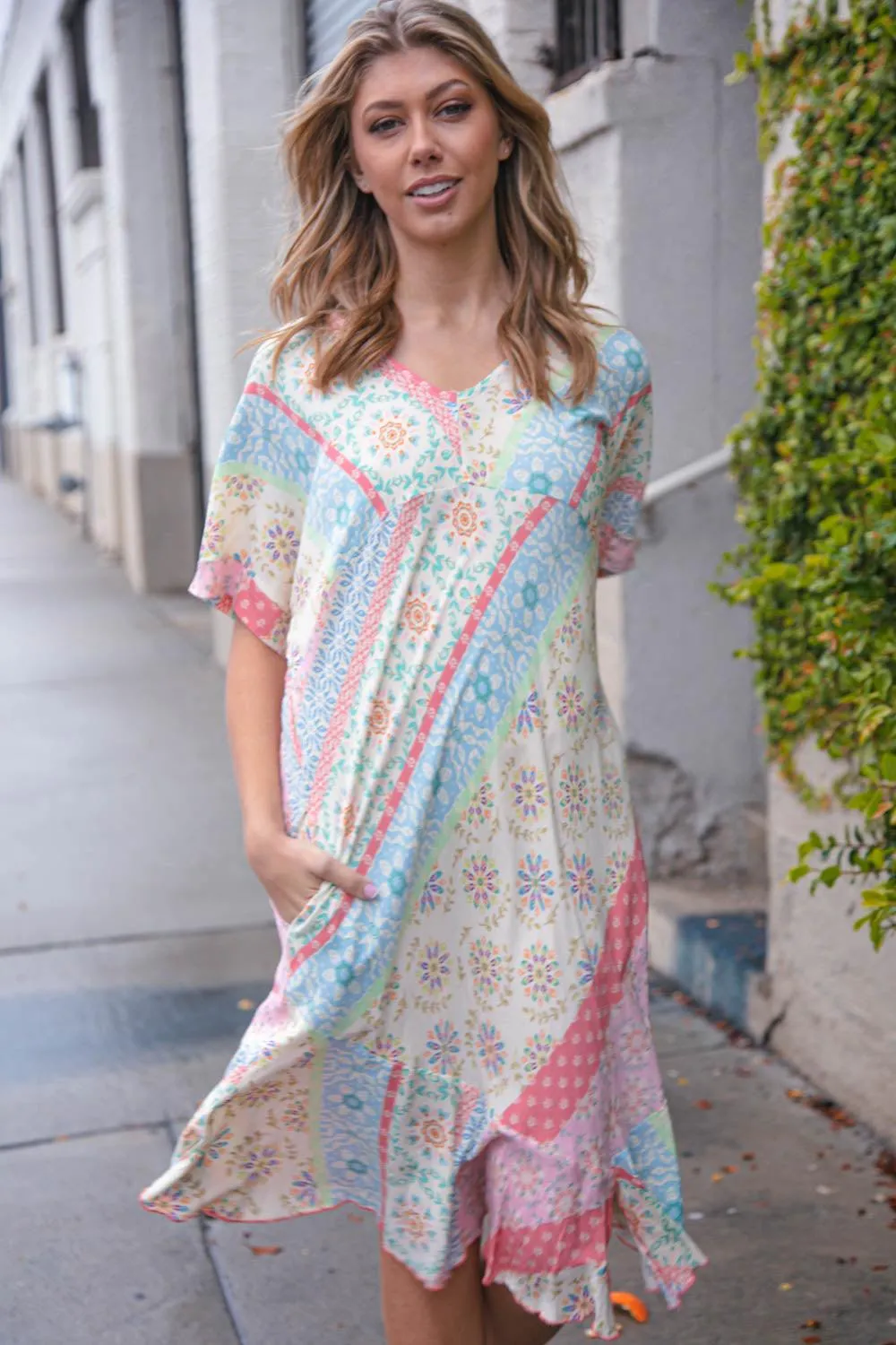 FINAL SALE -  Pastel Multi Boho Patchwork Asymmetrical Ruffle Hem Dress