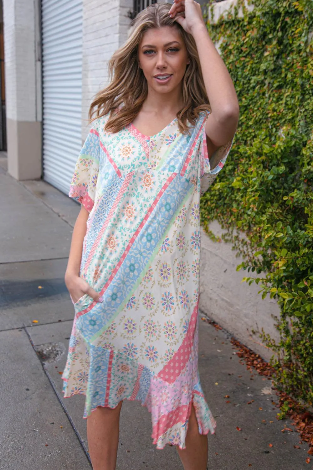 FINAL SALE -  Pastel Multi Boho Patchwork Asymmetrical Ruffle Hem Dress