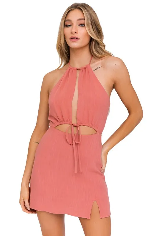 HALTER NECK OPEN FRONT DETAIL DRESS