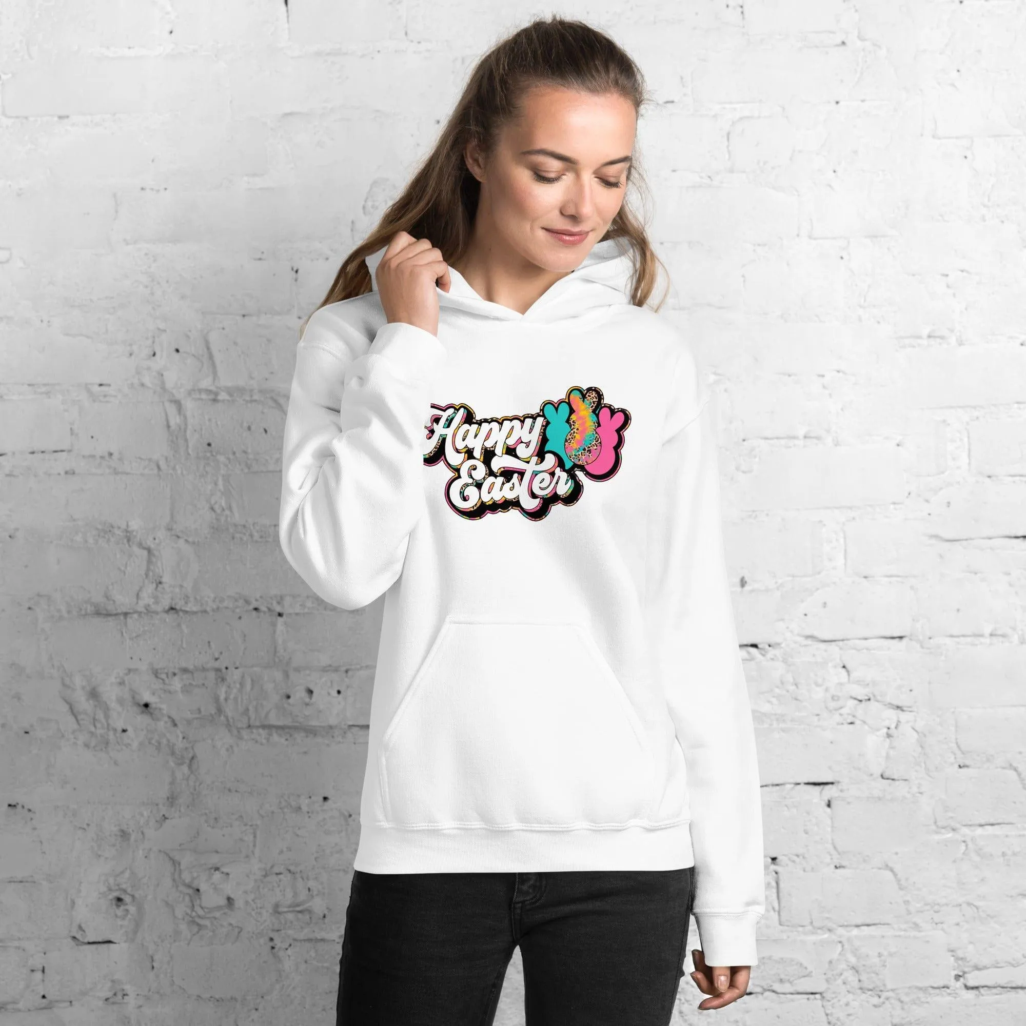 Happy Easter Hoodie 70's Style Happy Easter Bunnies DTG Printed Premium Blended Pullover