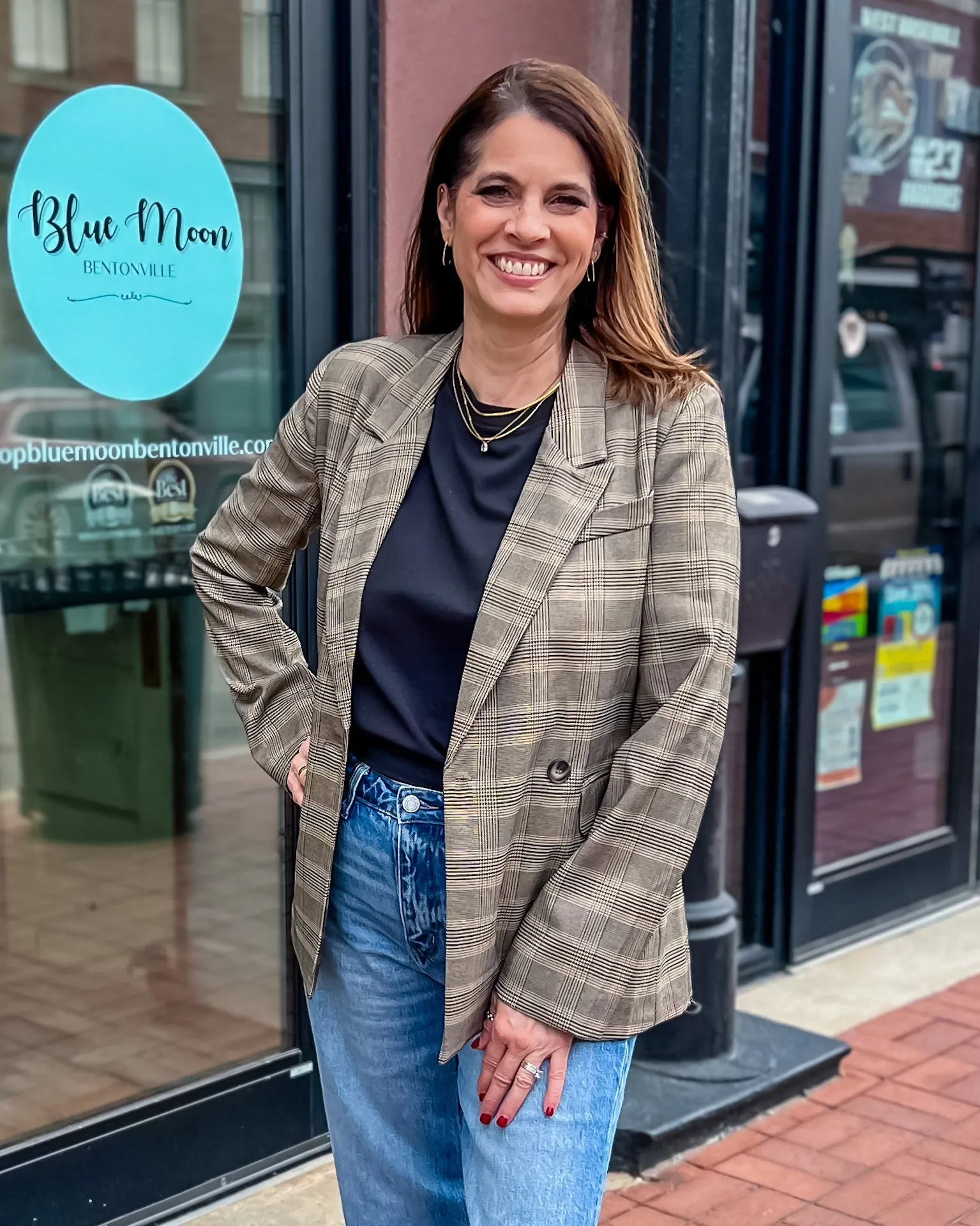 Khaki Plaid Double-Breasted Blazer