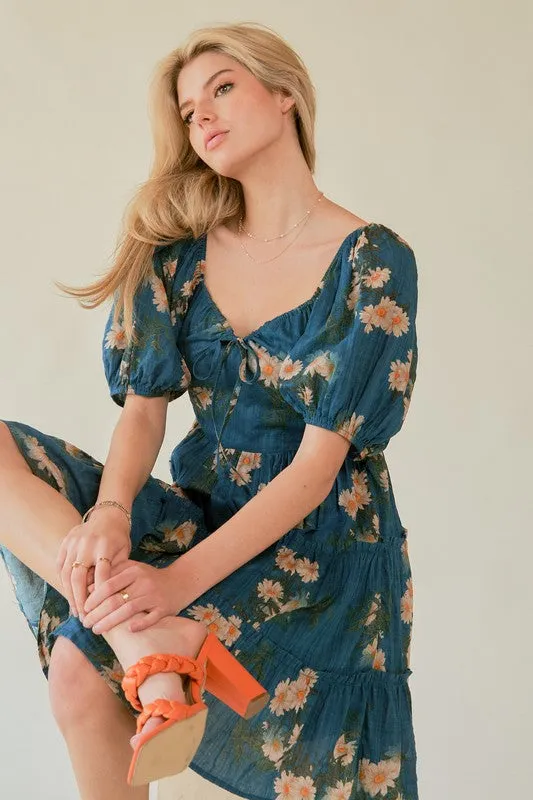 Lovestruck Balloon Sleeve Floral Tiered Midi Dress