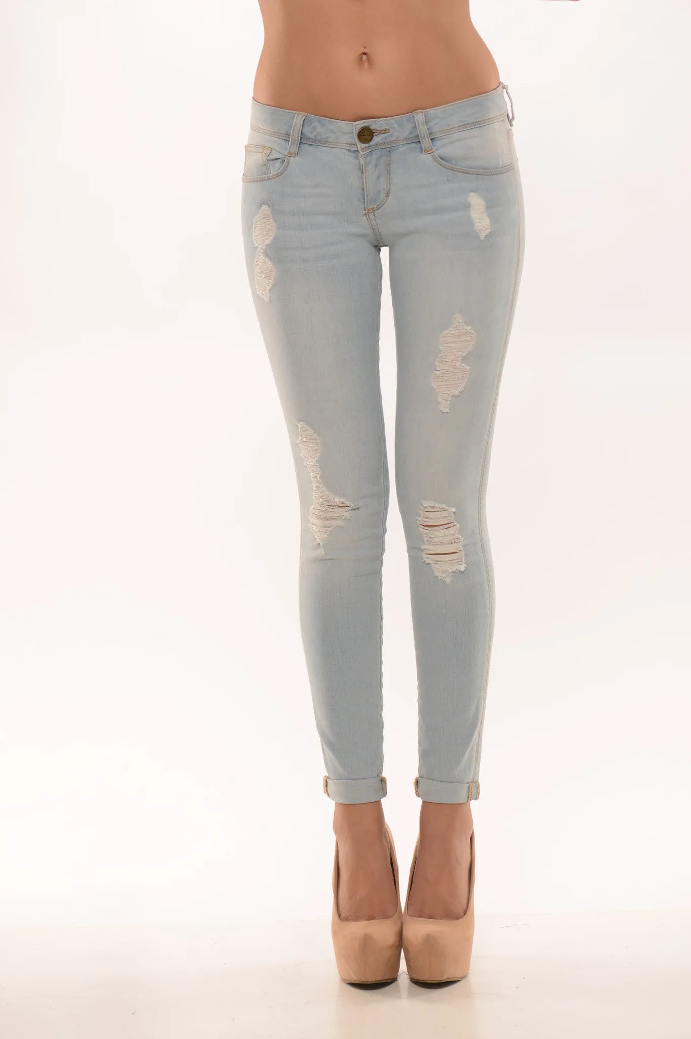 Low Rise Rolled Up Skinny Jeans - Light Wash