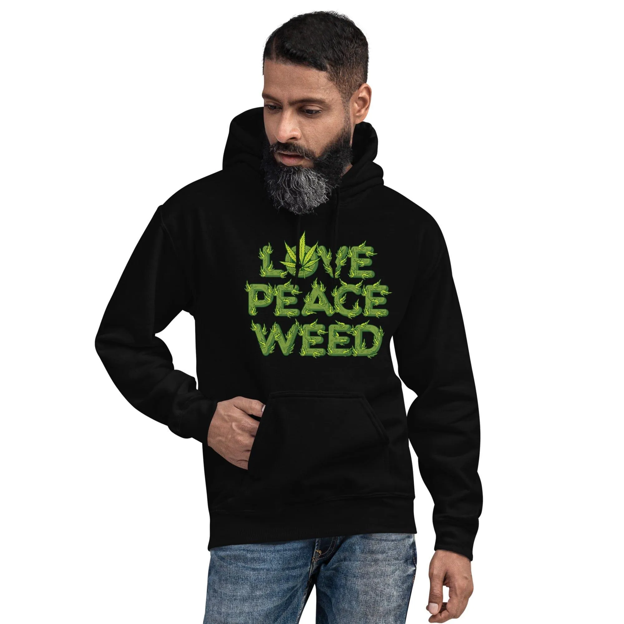 Marijuana Hoodie Love Peace and Weed DTG Printed Blended Cotton Pullover