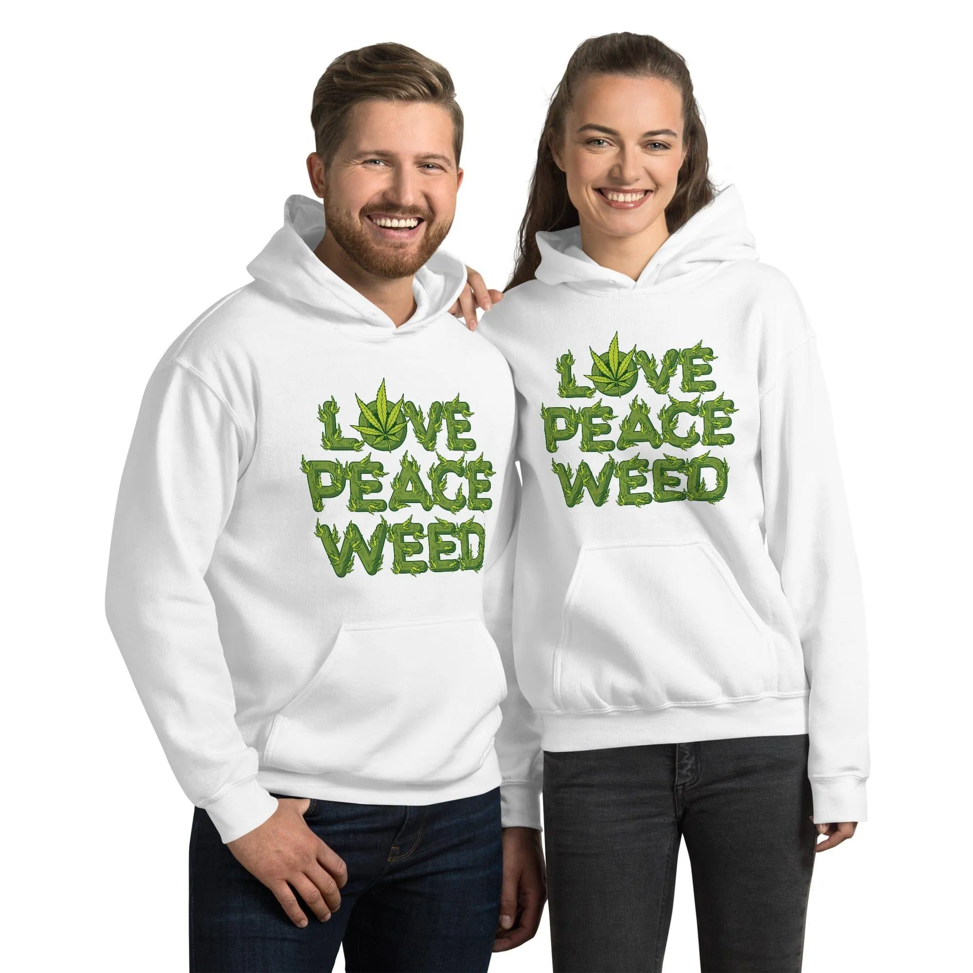 Marijuana Hoodie Love Peace and Weed DTG Printed Blended Cotton Pullover