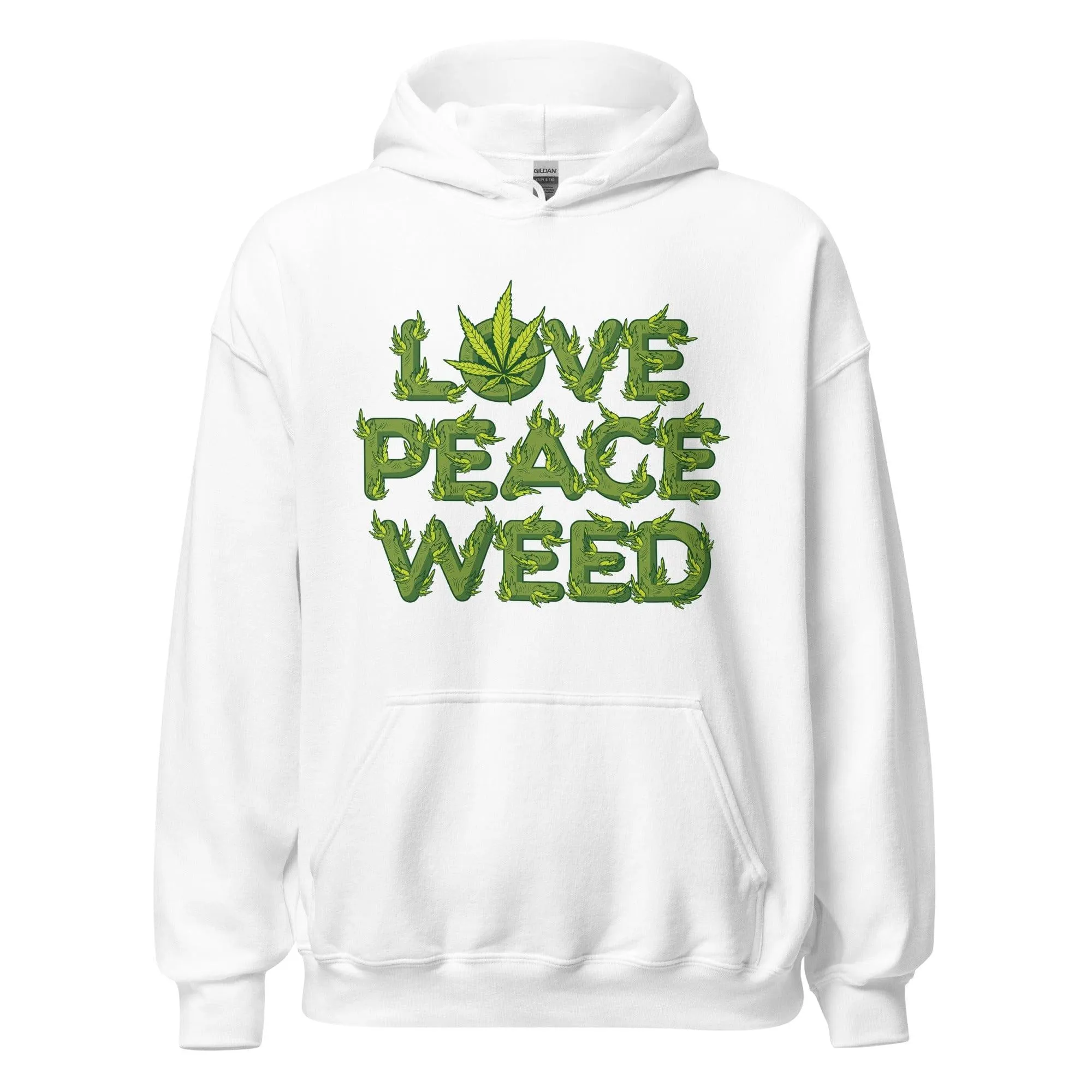 Marijuana Hoodie Love Peace and Weed DTG Printed Blended Cotton Pullover