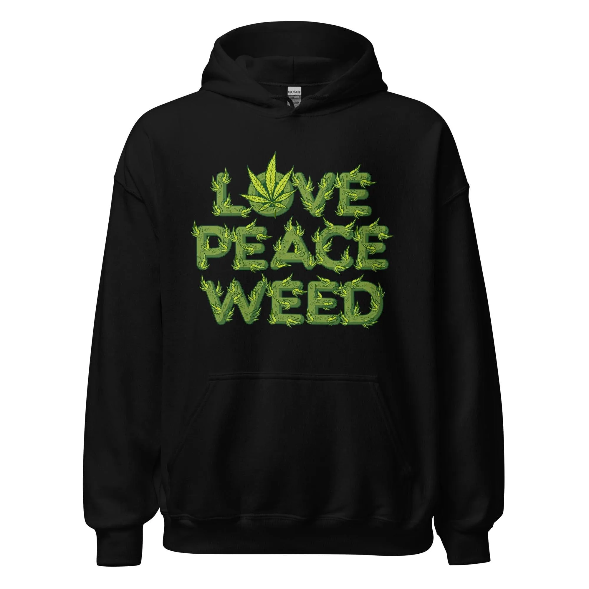 Marijuana Hoodie Love Peace and Weed DTG Printed Blended Cotton Pullover