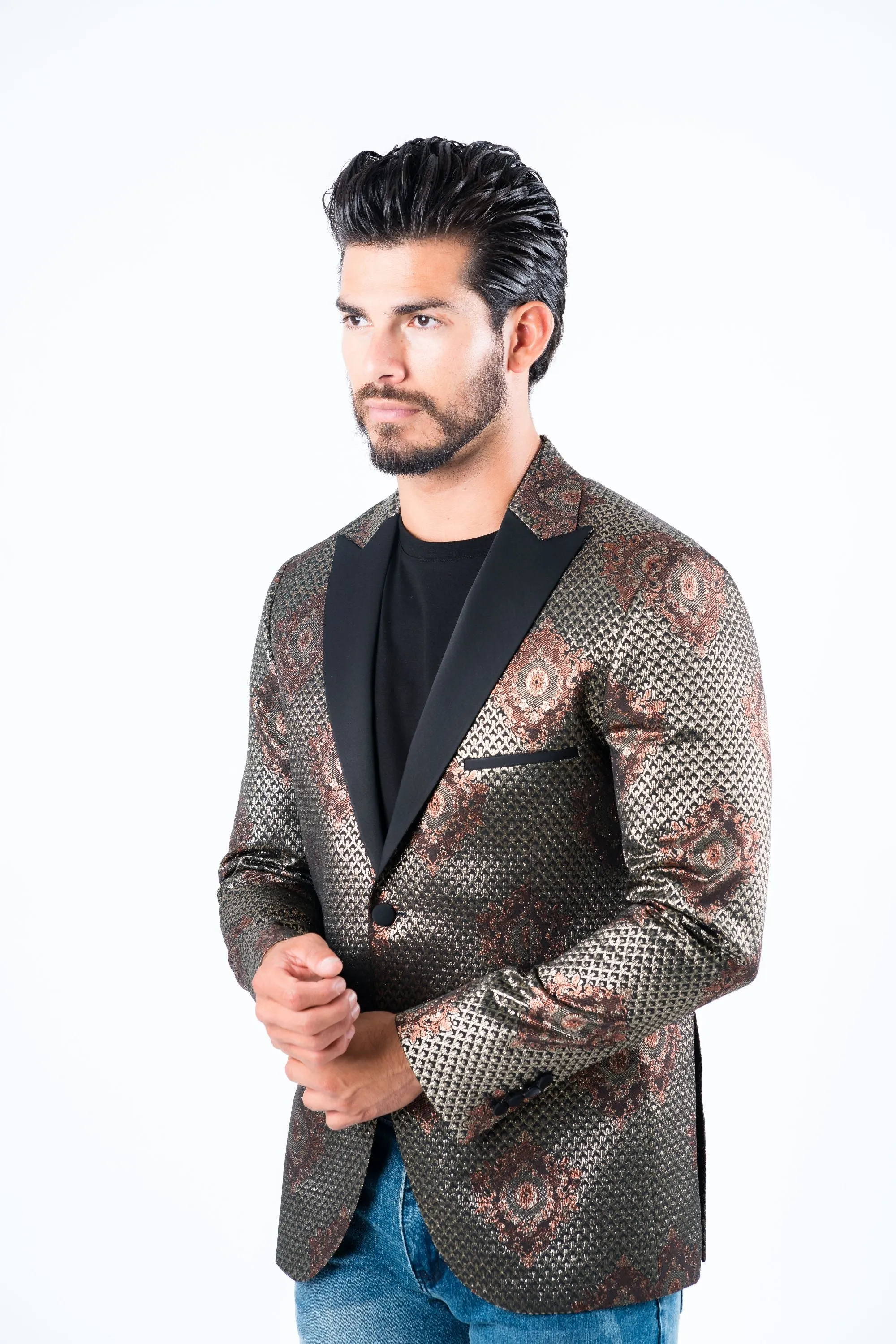 Men's Double Button Black Woven Printed Blazer