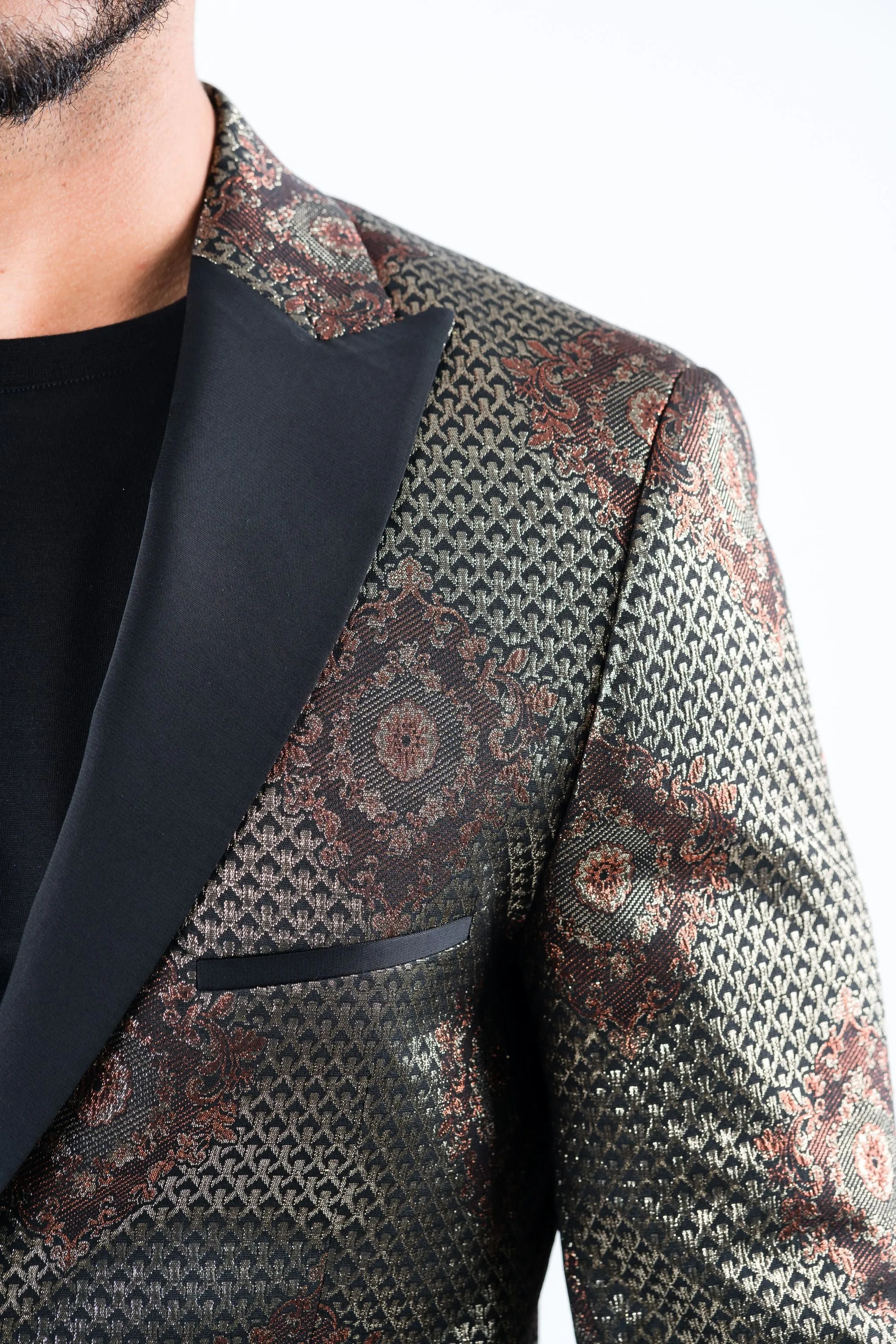 Men's Double Button Black Woven Printed Blazer