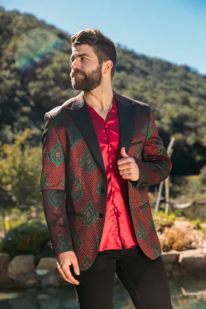 Men's Double Button Burgundy Woven Printed Blazer