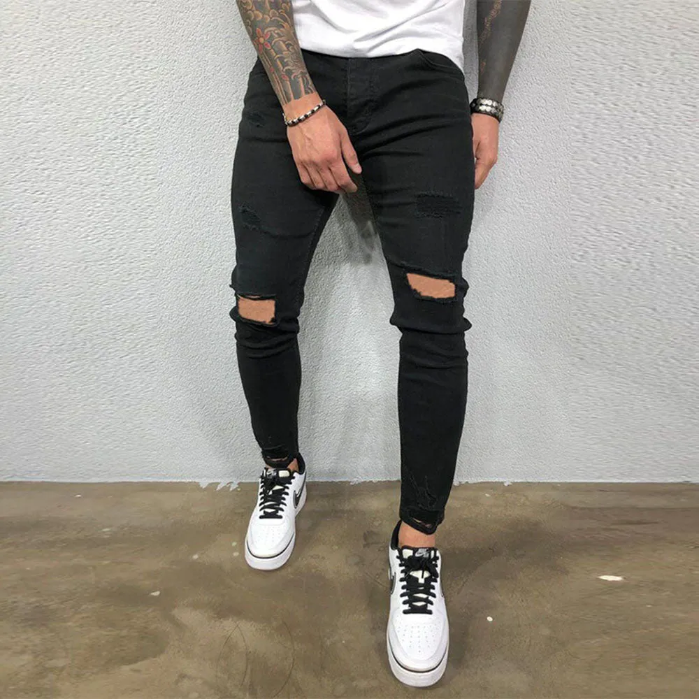 Men's Jeans Solid Fashion Classic Denim Washing Pants Casual Men's Stretch Skinny Jeans - MJN0066