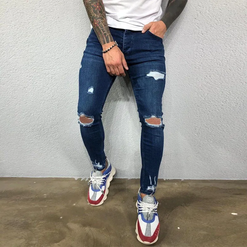 Men's Jeans Solid Fashion Classic Denim Washing Pants Casual Men's Stretch Skinny Jeans - MJN0066