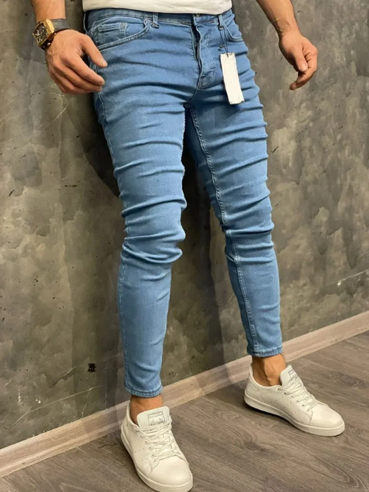 Men's Jeans Solid Fashion Classic Denim Washing Pants Casual Men's Stretch Skinny Jeans - MJN0066