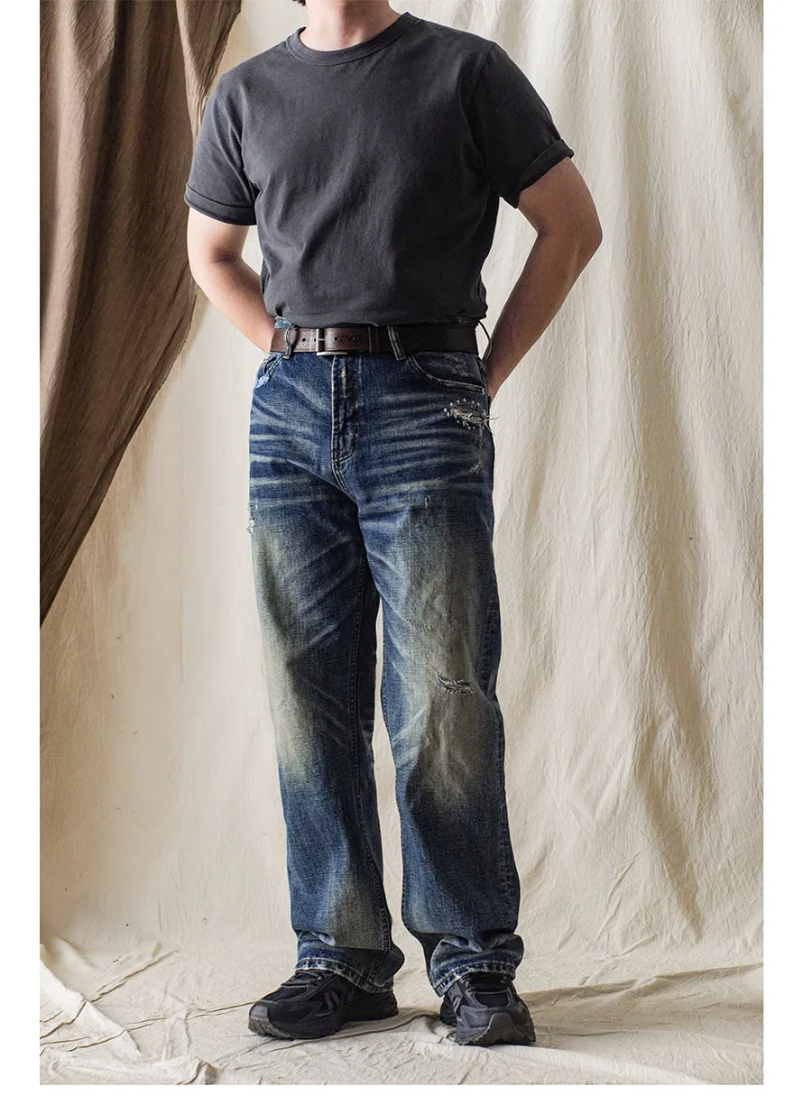 Men's Washed Ripped Cat Whisker Jeans