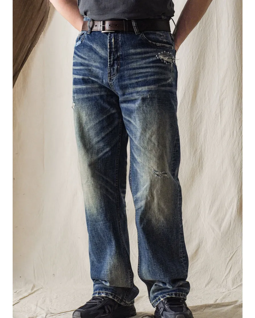 Men's Washed Ripped Cat Whisker Jeans