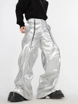 Metalic Color Zipper Wide Leg Pants