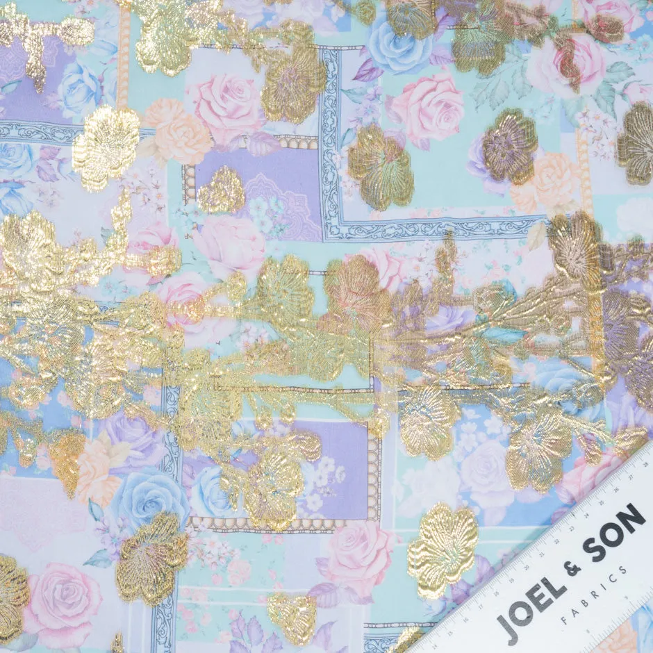 Pink & Lilac Floral on Blue Patchwork Printed Metallic Chiffon