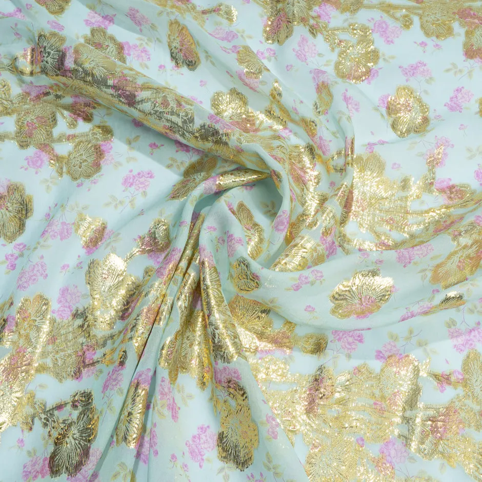 Pink Floral Printed Soft Blue Metallic Chiffon