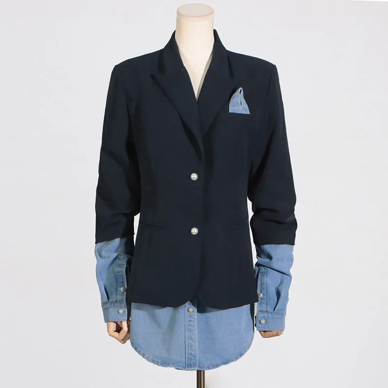 Pre Order:  Spliced Denim Long Sleeved Black Blazer