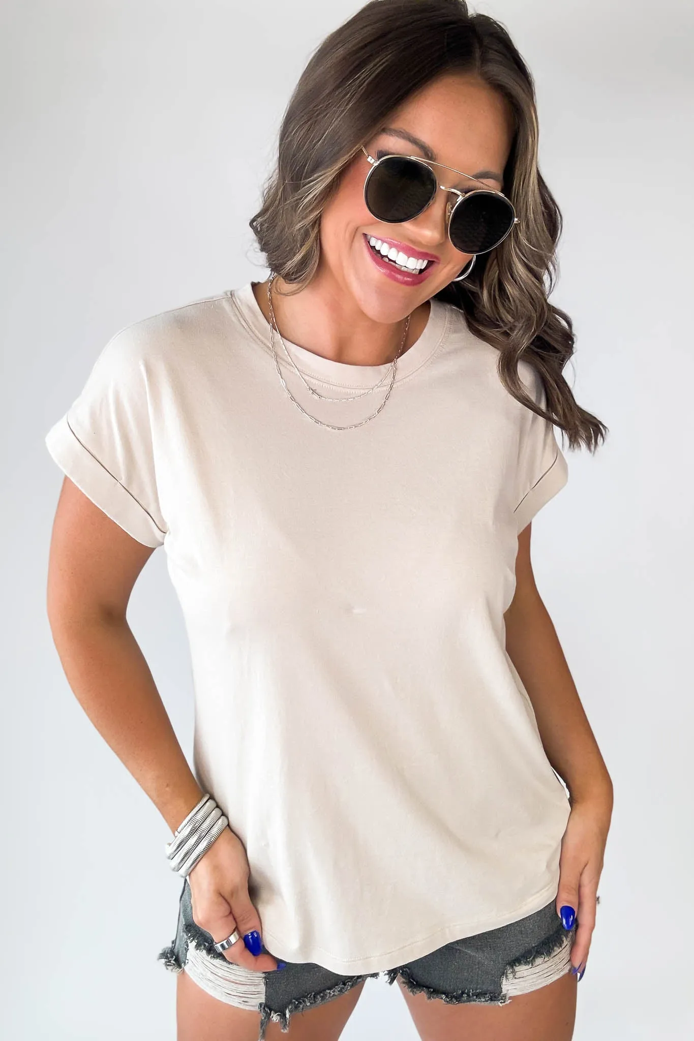 Relax Sand Beige Folded Sleeve Top .