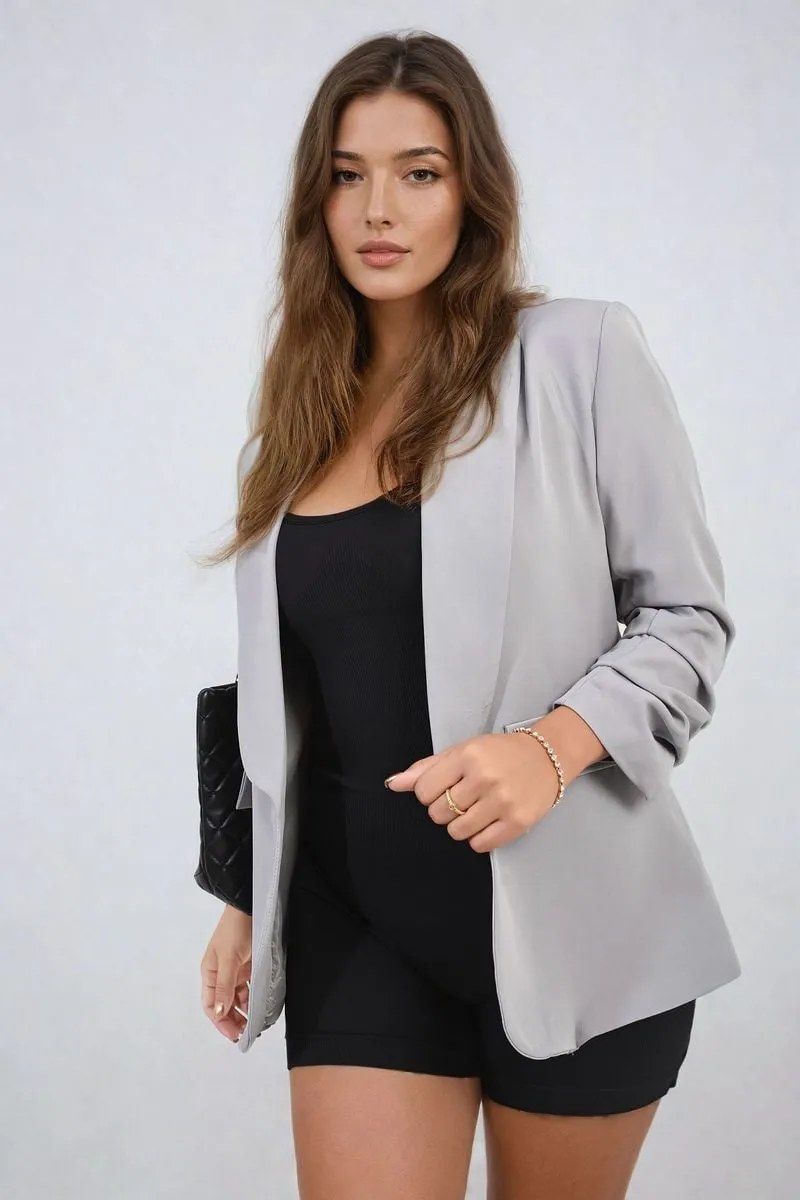 Ruched Sleeve Open Front Blazer Jacket with Front Pockets