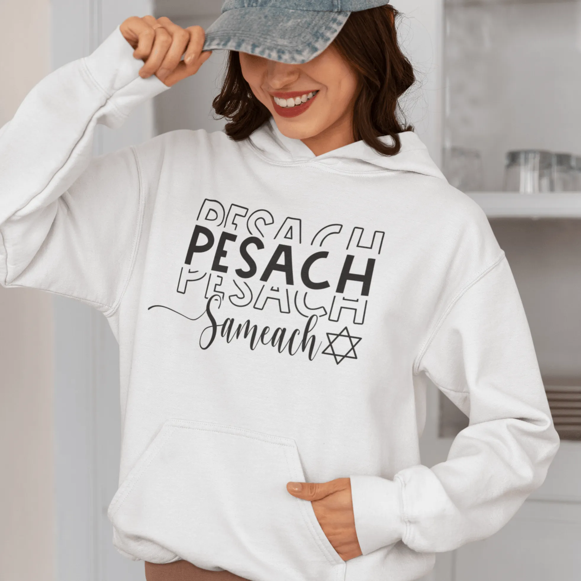 Seasonal Hoodie Pesach Samach Happy Passover DTG Blended Cotton Unisex Pullover