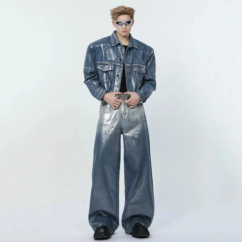 Shiny Look Denim Two-piece Pants Set