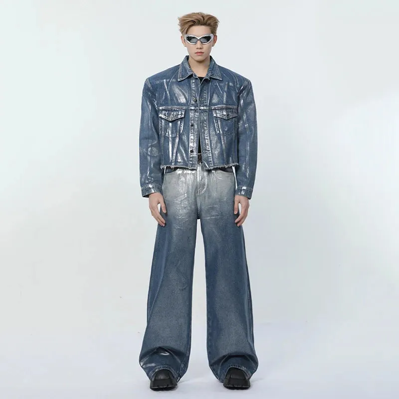 Shiny Look Denim Two-piece Pants Set