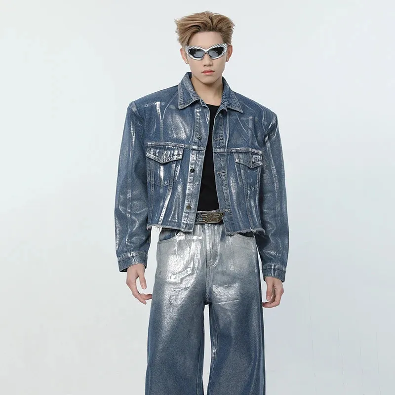 Shiny Look Denim Two-piece Pants Set