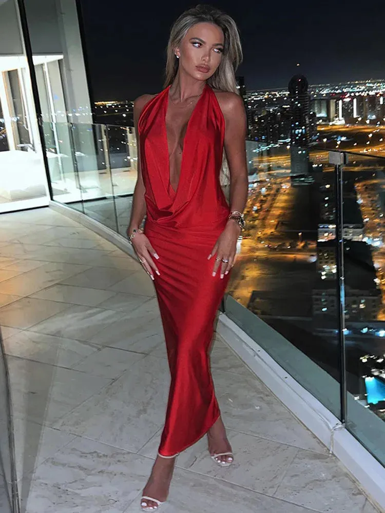 Slim Bodycon Midi Long Spring Summer Halter V Neck Backless Nightclub Sexy Party Maxi Dress