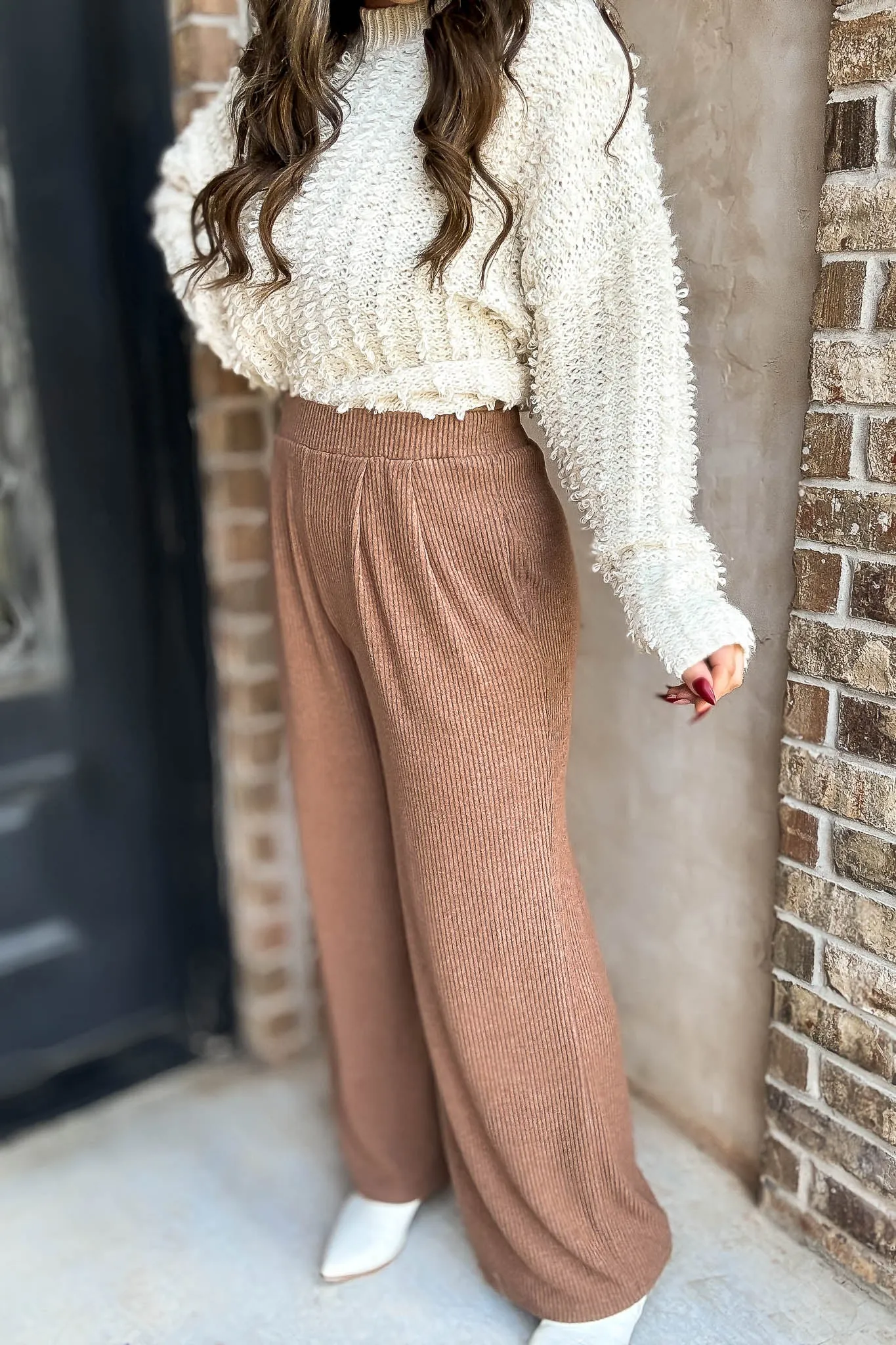 Toffee Ribbed Knit Loose Fit Pants