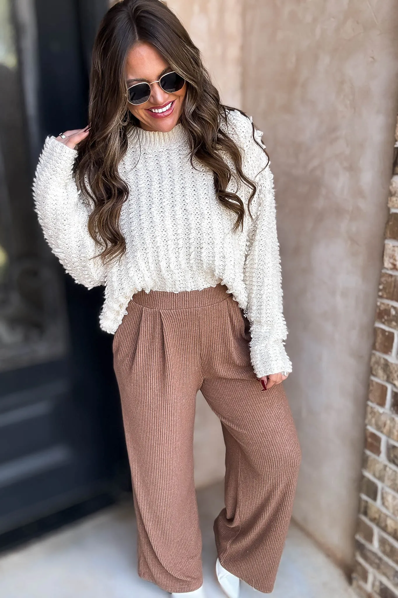 Toffee Ribbed Knit Loose Fit Pants