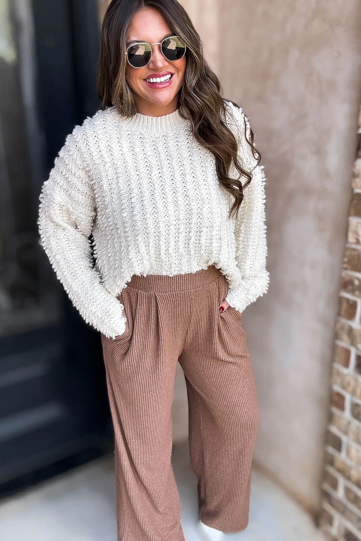 Toffee Ribbed Knit Loose Fit Pants