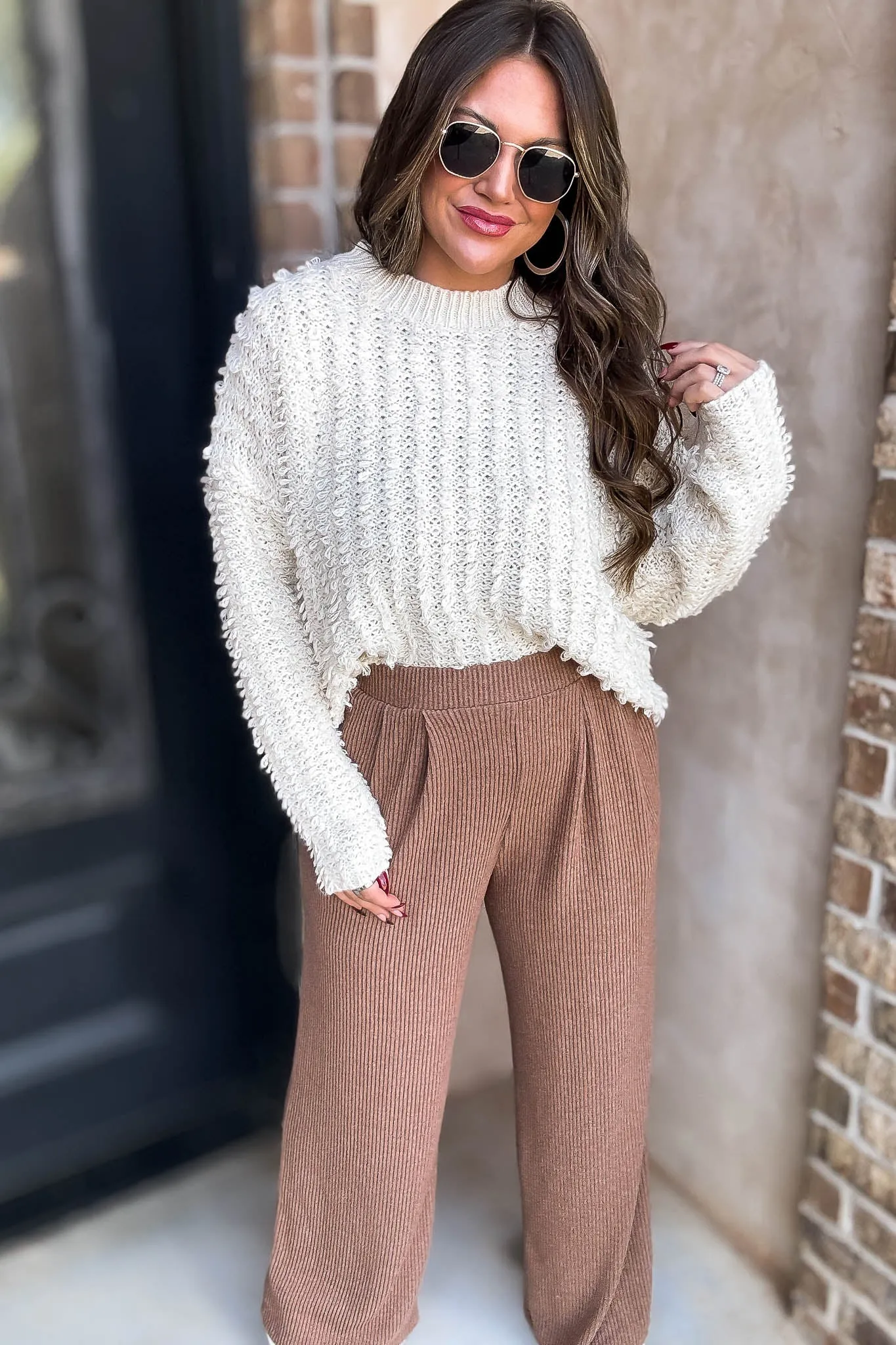 Toffee Ribbed Knit Loose Fit Pants