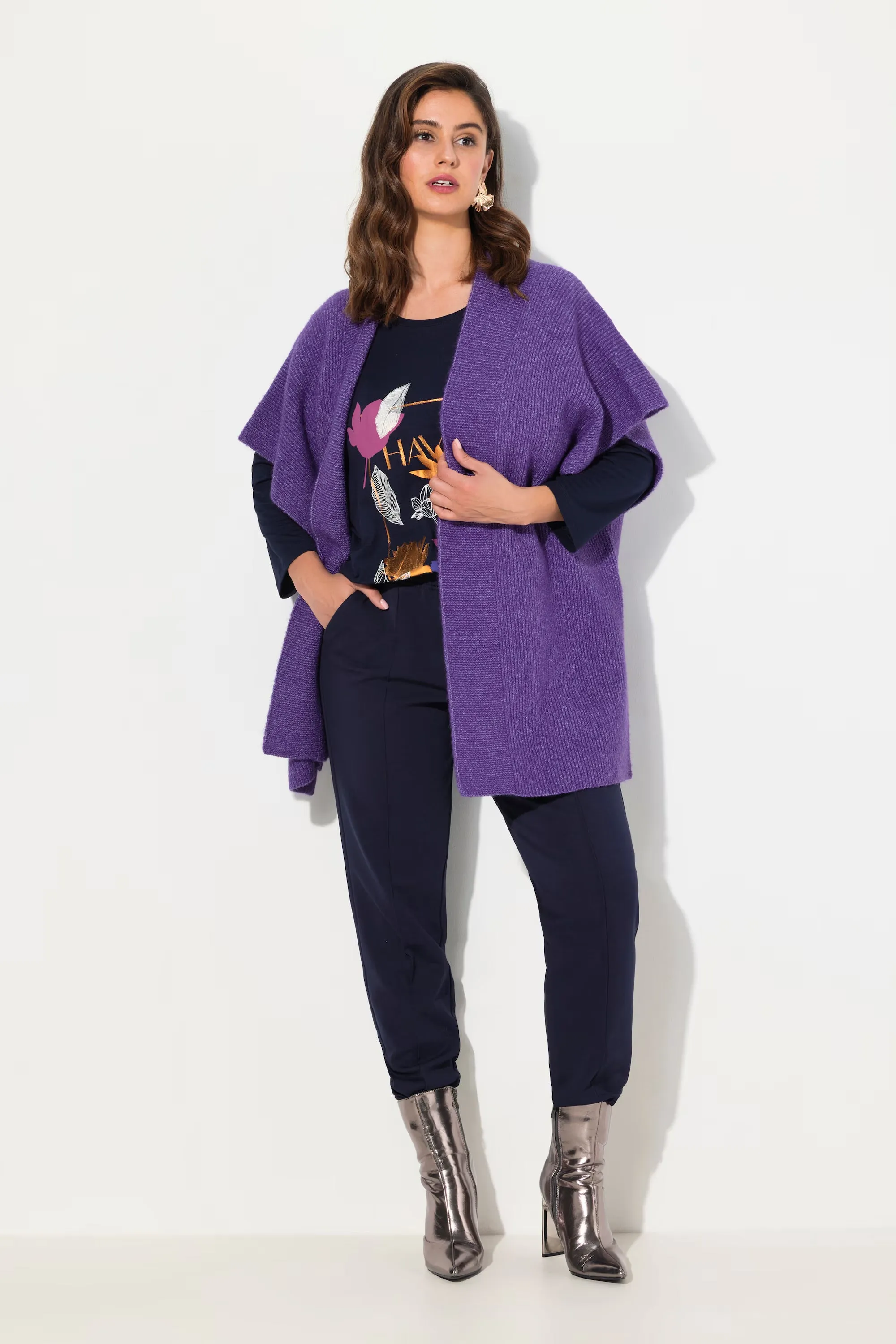 Ulla Popken Ribbed Cardigan in Purple