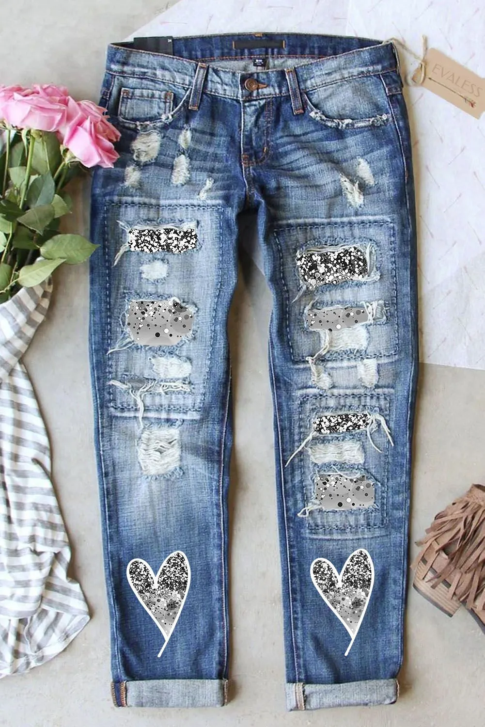 Women's Ombre Patch Jeans Ripped Destroyed Denim Pants